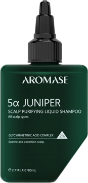 AROMASE 5α Juniper Scalp Purifying Liquid Shampoo, ciemnozielona butelka z zakraplaczem, widok z przodu.