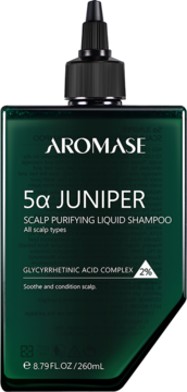 AROMASE 5α Juniper Scalp Purifying Liquid Shampoo, ciemnozielona butelka z czarnym dozownikiem, widok z przodu.