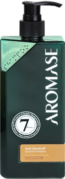AROMASE Szampon przeciwłupieżowy, ciemnozielona prostokątna butelka z pompką, etykieta 'For Dandruff Scalp'.