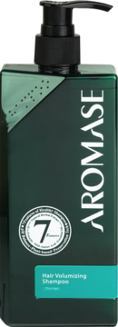 AROMASE Hair Volumizing Shampoo, dark green bottle with black pump, front view, 7 Essence logo visible.