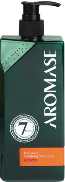 Ciemnozielony szampon AROMASE Dry Scalp Soothing w prostokątnej butelce z czarną pompką, widok przód.