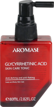 Aromase Glycyrrhetinic Acid Skin Care Tonic w czerwonej, kwadratowej butelce z czarną pompką, widok z przodu.