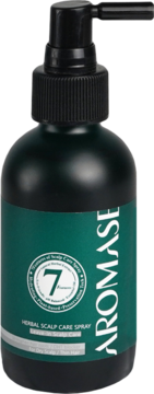 AROMASE ziołowa wcierka nawilżająca do skóry głowy, ciemnozielona butelka z czarną pompką.