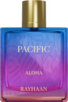 Woda perfumowana Rayhaan Pacific Aloha, butelka w gradientowym kolorze błękitu i różu, złota zakrętka, widok z przodu.