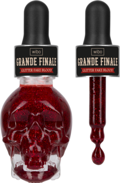 Wibo Grande Finale brokatowa sztuczna krew w butelce-czaszce z pipetą, zbliżenie na pipetę.