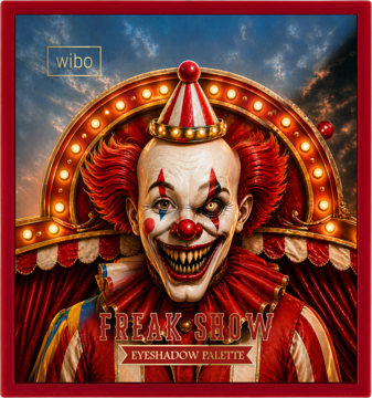 Wibo Freak Show paleta cieni do powiek: straszny klaun z szerokim uśmiechem na okładce. 9 intensywnych barw.