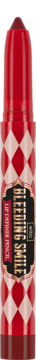 Automatyczna kredka do ust w czerwono-białą kratę, z czerwoną zakrętką i czarną etykietą, widok z przodu.