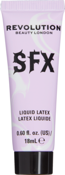 Revolution Beauty London SFX Liquid Latex w jasnofioletowej tubce z czarną nakrętką, widok z przodu, 18ml.