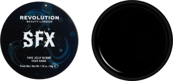 Dwie okrągłe paletki Revolution SFX Sake Jelly Blush: zamknięta i otwarta z czarnym produktem do makijażu.