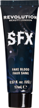 Tubka Revolution SFX Fake Blood, ciemnoniebieska z białym napisem, widok z przodu. Pojemność 17 ml.