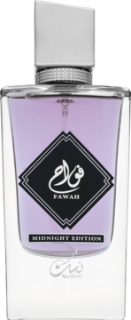 Nusuk Fawah Midnight Edition woda perfumowana męska, flakon z liliowym płynem, czarna etykieta. Widok z przodu.