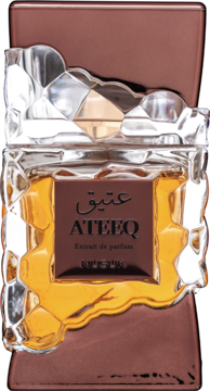 Nusuk Ateeq unisex ekstrakt perfum, butelka z fasetowanego szkła i brązowymi bokami, bursztynowy płyn.