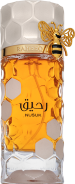 Nusuk Raheeq ekstrakt perfum unisex, flakon z miodowym płynem, faktura plastra miodu i złota pszczoła.