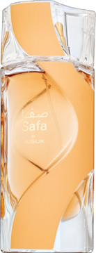 Nusuk Safa woda perfumowana unisex w szklanej butelce z pomarańczową wstęgą, widok z przodu.