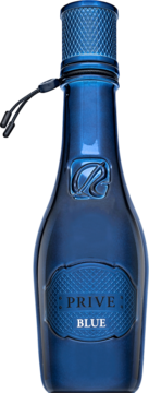 Riiffs Prive Blue woda perfumowana męska. Elegancka, błyszcząca niebieska butelka z teksturowanym korkiem i napisem.