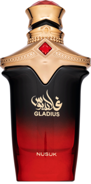 Elegancki ekstrakt perfum Nusuk Gladius w butelce gradientowej czarno-czerwonej ze złotym zdobionym korkiem. Widok z przodu.