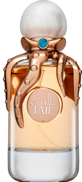 Riiffs Taif unisex perfumy, butelka z bursztynowym płynem i miedzianą ośmiornicą, biała kulista nakrętka, napis TAIF.