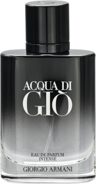 Woda perfumowana męska Giorgio Armani Acqua di Gio Intense w czarnej butelce z gradientem, widok z przodu.