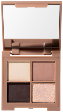 Otwarta paleta cieni do powiek w beżowym etui z lusterkiem, 4 neutralne odcienie: kremowy, brąz, ciemny brąz i błyszczący róż.