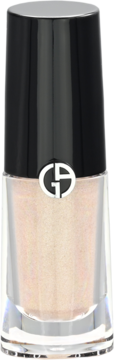 Giorgio Armani Eye Tint Shimmer, błyszczący płynny cień, butelka z czarną nakrętką i srebrnym logo, widok z przodu.