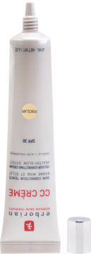 Biała tuba Erborian CC Crème SPF 30 Porcelain z czerwonym tekstem, koreański krem korygujący, z boku widoczna otwarta nakrętka.