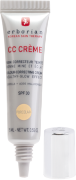 Erborian CC Crème SPF 30 w tubce 15ml, odcień Porcelain, otwarta tubka i biała zakrętka obok.