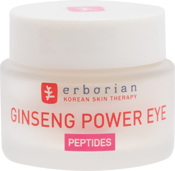 Erborian Ginseng Power Eye Peptides, matowy biały słoiczek kremu pod oczy z czerwoną etykietą, widok z przodu.