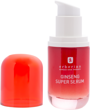 Czerwono-białe szklane serum Erborian Ginseng Super Serum z pompką, z odkręconą czerwoną nakrętką obok.