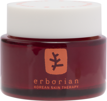 Erborian Korean Skin Therapy krem pod oczy w ciemnobordowym słoiku z białym wieczkiem i pomarańczowym logo drzewa, widok z przodu.