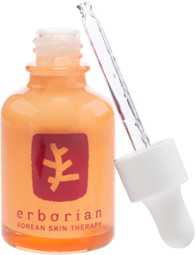 Erborian, pomarańczowe serum pod oczy w butelce z zakraplaczem, biały korek, widok pod kątem.