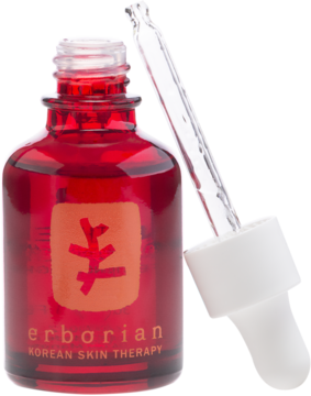 Czerwony szklany flakon Erborian Korean Skin Therapy serum, z białą pipetą opartą o otwór, widok z przodu.