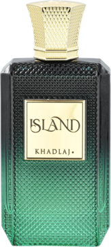 Ekstrakt perfum Khadlaj Island. Zielono-czarna butelka z fakturą, złotą etykietą i nakrętką, widok z przodu.