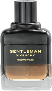 Męska woda perfumowana Givenchy Gentleman Réserve Privée w eleganckiej, czarno-brązowej butelce, widok z przodu.