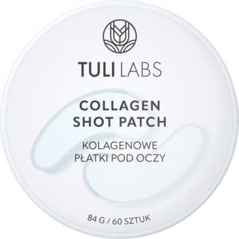 TULI LABS Collagen Shot Patch: białe opakowanie 60 sztuk nawilżających kolagenowych płatków pod oczy.