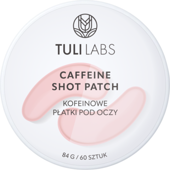 Tuli Labs Caffeine Shot Patch, okrągły biały słoik z różowymi hydrokolagenowymi płatkami pod oczy, widok z przodu.