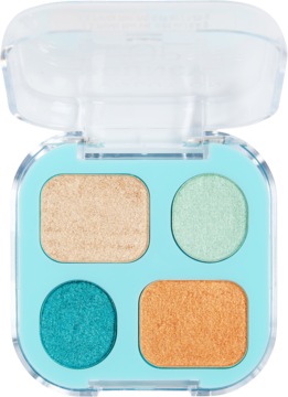 Otwarta paleta cieni Revolution Bouncy Pop Aqua Splash: beżowo-złoty, miętowy, turkusowy i miedziany cień.