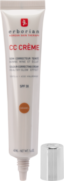 Erborian CC Crème, odcień Caramel, w białej tubce, SPF 30. Frontalny widok otwartej tubki i srebrnej nakrętki.