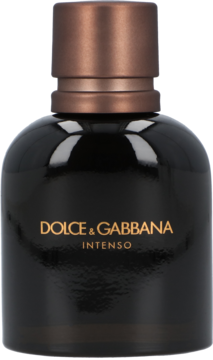 Męska woda perfumowana Dolce & Gabbana Intenso w czarnej butelce z brązowym korkiem, widok z przodu na białym tle.