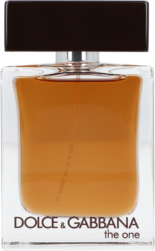 Woda perfumowana D&G The One For Men. Bursztynowy płyn w prostokątnej szklanej butelce z ciemną, brązową zakrętką.