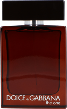 Męskie perfumy Dolce & Gabbana The One, ciemnobursztynowa butelka z czarną nakrętką, widok z przodu, zmysłowy aromat.