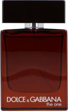 Perfumy męskie Dolce & Gabbana The One. Ciemnobrązowa szklana butelka ze srebrnym detalem i czarną nakrętką, z przodu.