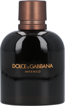 Ciemna, błyszcząca butelka perfum Dolce & Gabbana Intenso z miedzianym korkiem, widok z przodu, złote napisy.