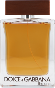 Męska woda toaletowa Dolce & Gabbana The One For Men, bursztynowy flakon z ciemnobrązową nakrętką, widok z przodu.