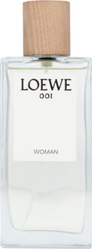 Loewe 001 Woman woda perfumowana w szklanej butelce, drewniany korek, biała etykieta, widok z przodu.