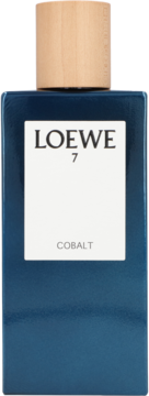 Niebieska butelka Loewe 7 Cobalt męskiej wody perfumowanej, z drewnianym korkiem, widok z przodu.