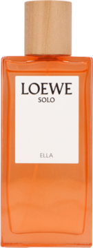 Loewe Solo Ella woda perfumowana damska, pomarańczowa butelka z drewnianą nakrętką i białą etykietą, widok frontalny.