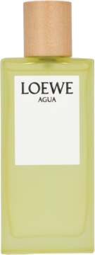 Loewe Agua woda toaletowa damska. Żółta, prostokątna butelka z drewnianą nakrętką i białą etykietą, widok z przodu.
