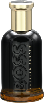 Perfumy Boss Bottled Absolu: ciemna, błyszcząca butelka z bursztynowym płynem i złotą nakrętką, widok z przodu.
