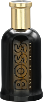 Ciemna, szklana butelka wody perfumowanej BOSS BOTTLED ELIXIR ze złotym korkiem, wytłoczone logo, widok z przodu.