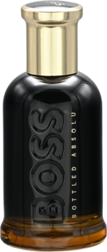 Perfumy BOSS BOTTLED ABSOLU w czarnej butelce z tłoczonym napisem, złotą zakrętką, widok z przodu.